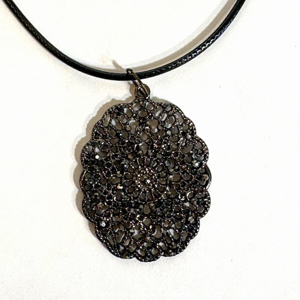 Marcasite Pendant Necklace 17” Cord Vintage Goth Black and Silver Oval Openwork